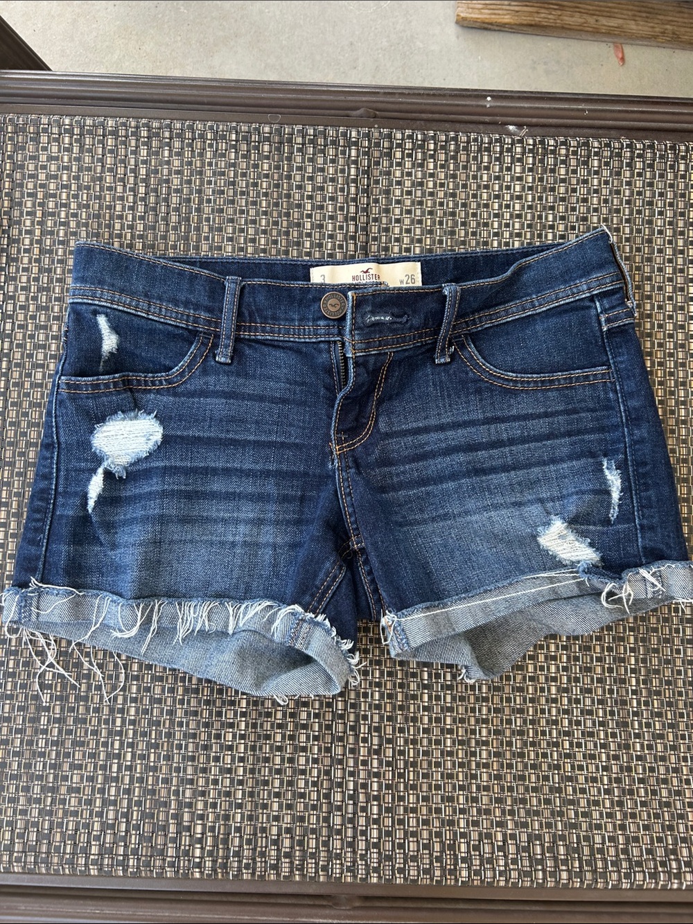 Hollister Women's Dark Indigo Distressed Denim Cutoff Shorts